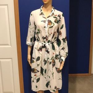 White Floral Print Sheer Shirt Dress Sz M